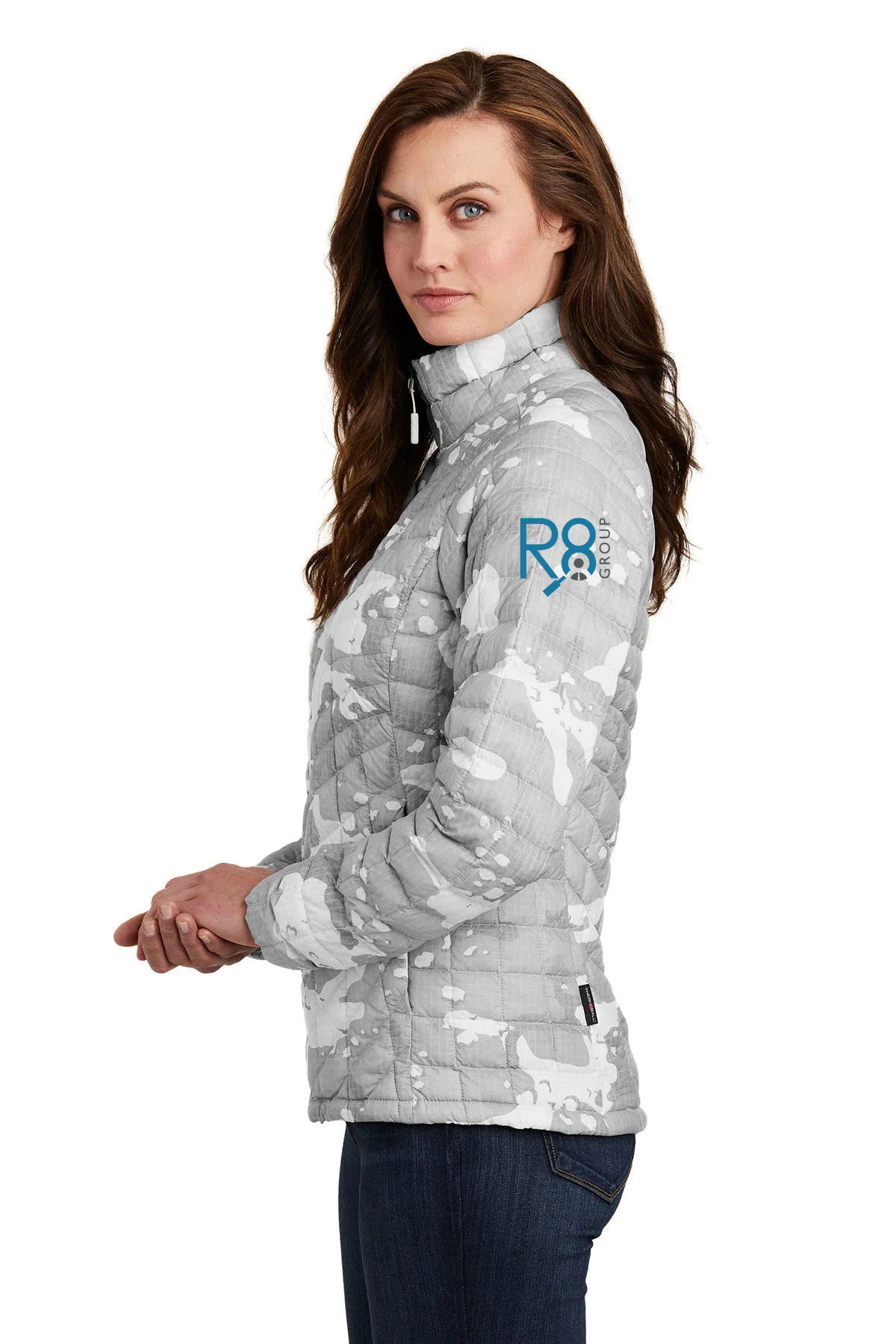 The North Face Ladies ThermoBall Trekker Jacket TNF White Woodchip Print [Real8 Group]