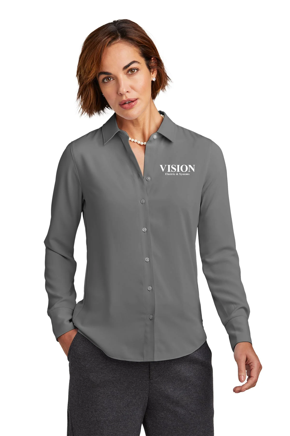 Brooks Brothers Womens Full-Button Satin Blouse, Shadow Grey [Vision Electric and Systems]