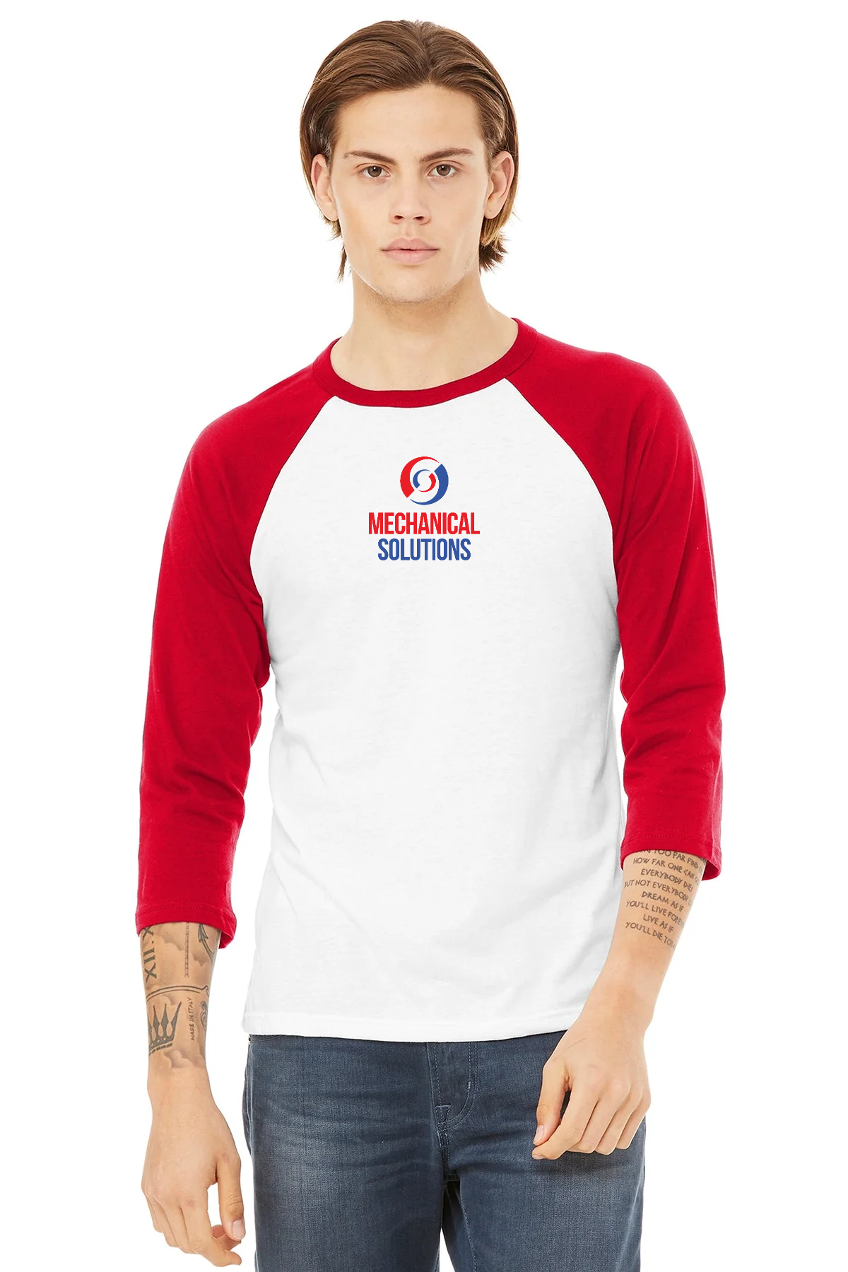 Bella Canvas Unisex 3/4-Sleeve Baseball T-Shirt, White/ Red [Mechanical Solutions]