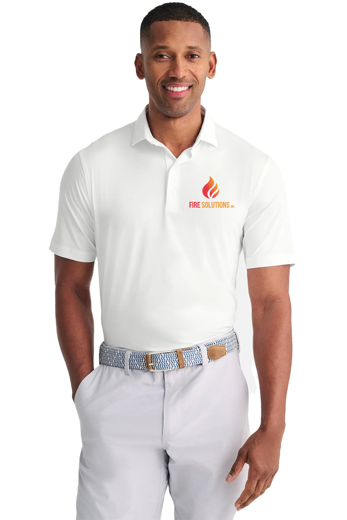 Johnnie-O Men's Huron Heathered Custom Polos, White [Fire Solutions]