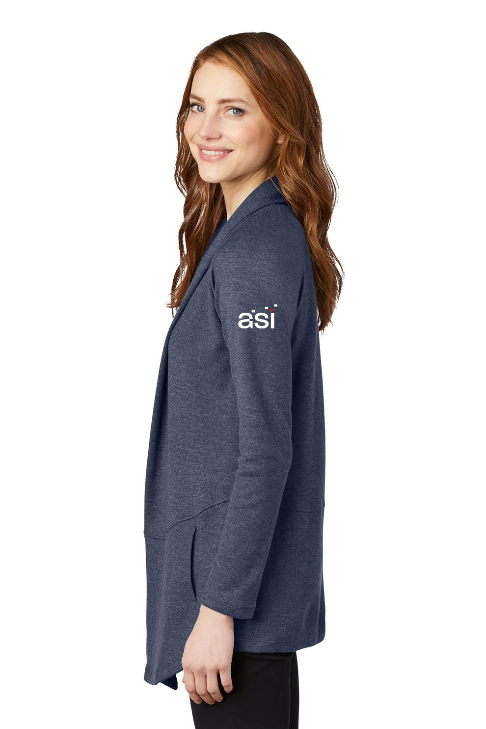 Port Authority Ladies Interlock Cardigan, Estate Blue Heather/ Charcoal Heather -ASI Logo [ASI]