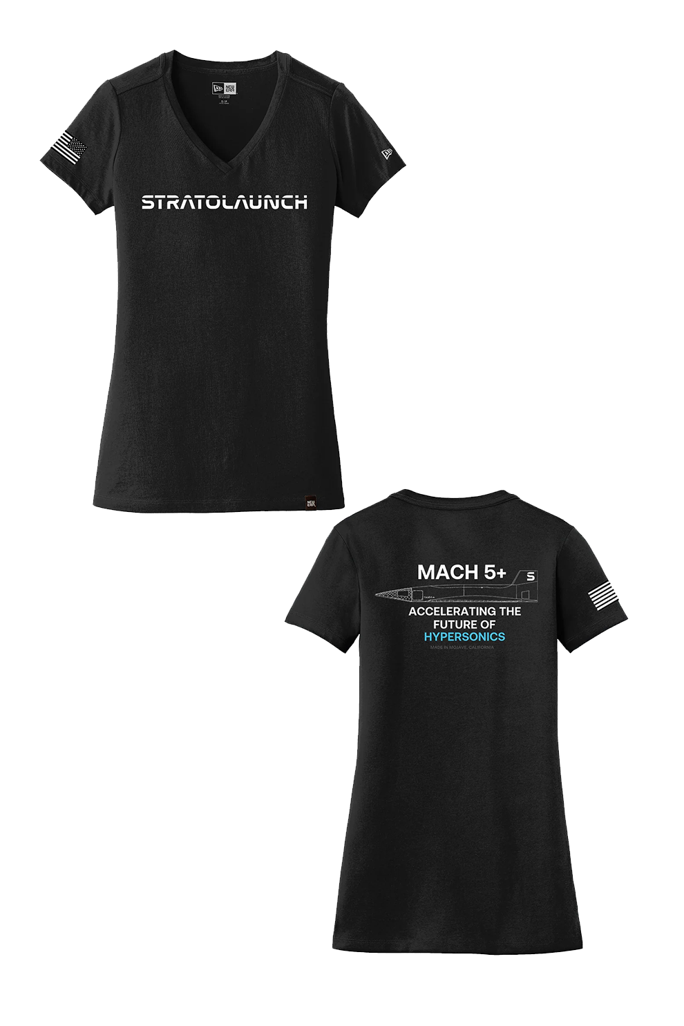 New Era Ladies Heritage Blend V-Neck Printed Tee, Black [Stratolaunch]