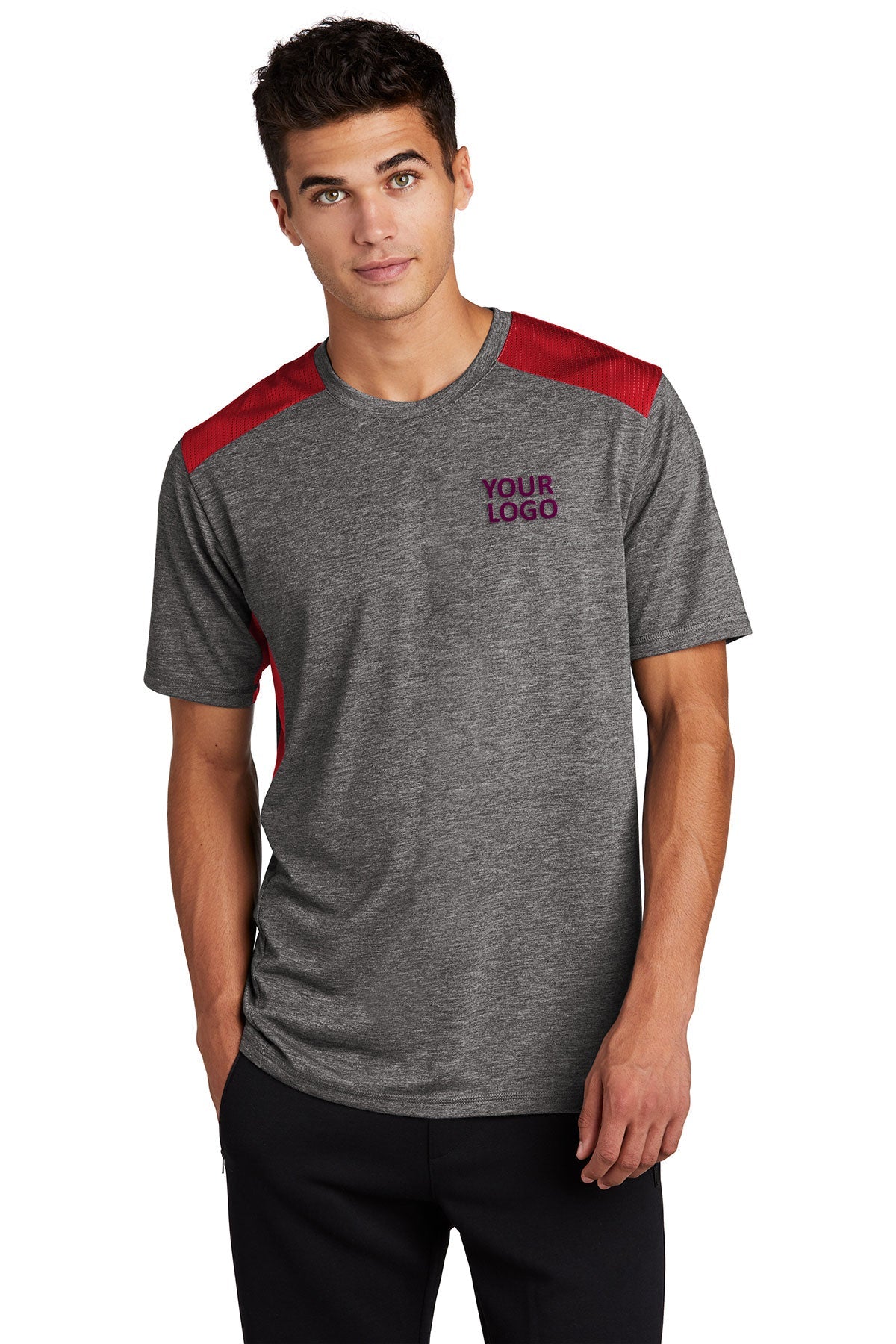 sport-tek posicharge tri-blend wicking draft tee st410 true red/dark grey heather