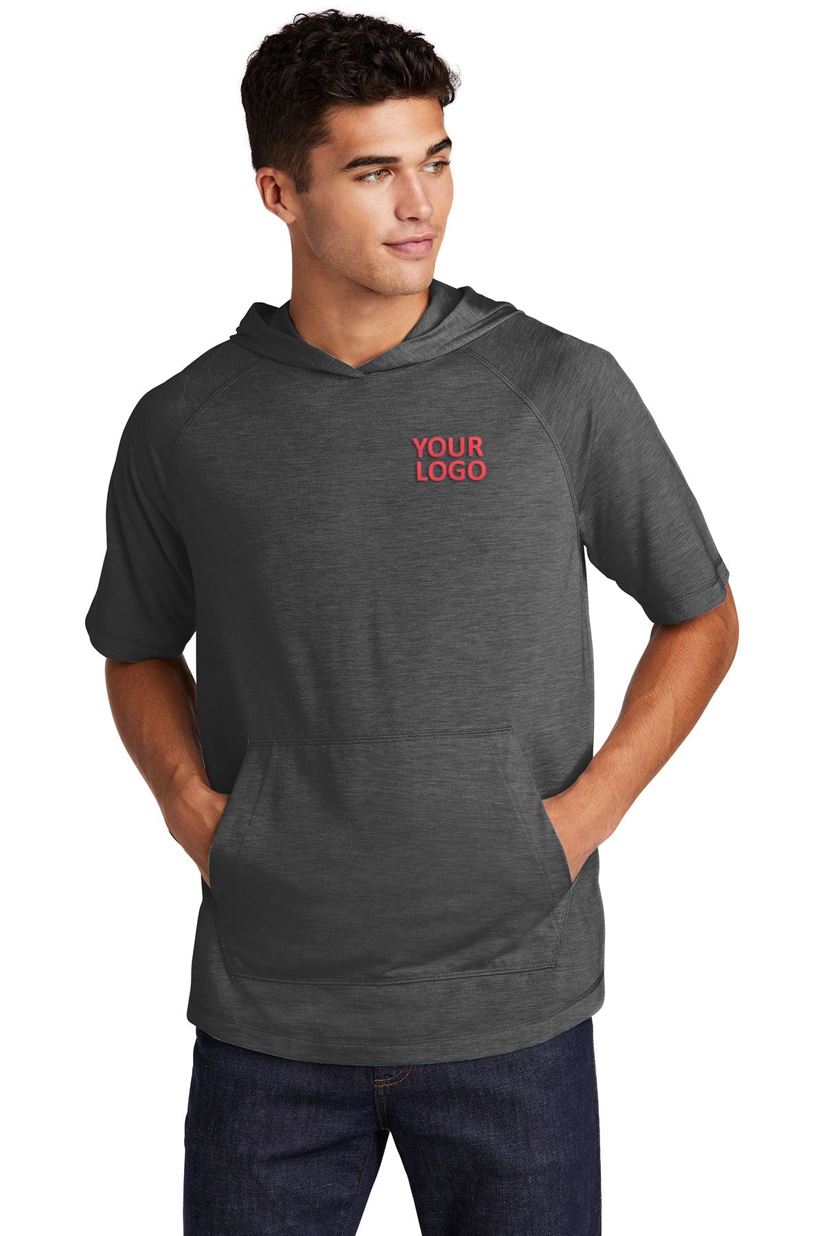 Sport-Tek PosiCharge Tri-Blend Wicking Short Sleeve Hoodie ST404 Dark Grey Heather