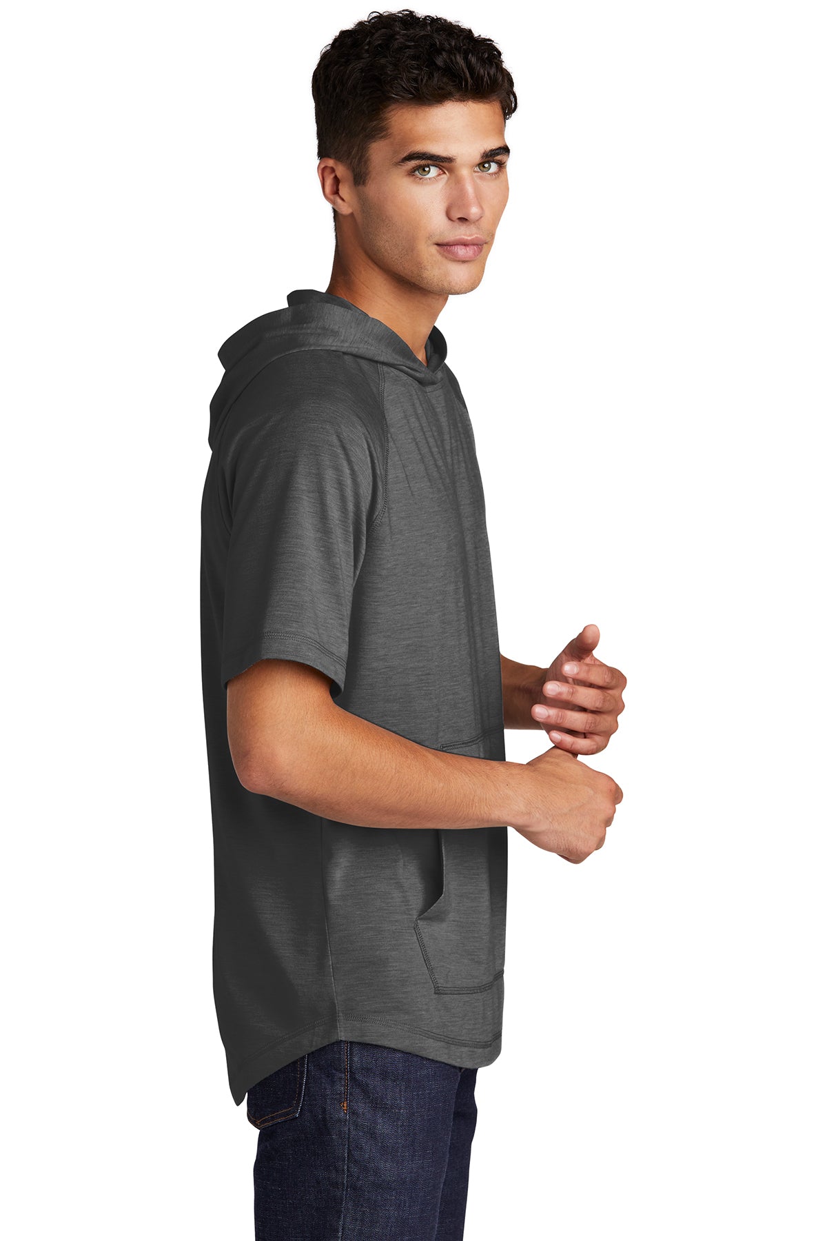 Sport-Tek PosiCharge Tri-Blend Wicking Short Sleeve Hoodie ST404 Dark Grey Heather