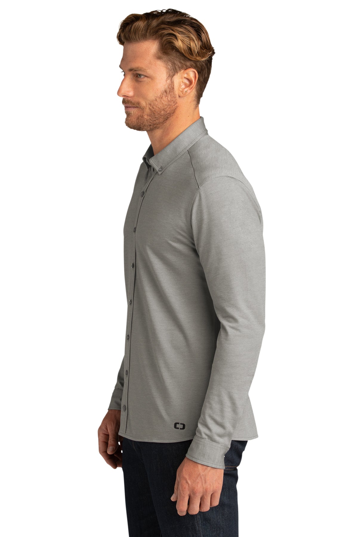 OGIO Code Stretch Long Sleeve Button-Up Tarmac Grey Heather