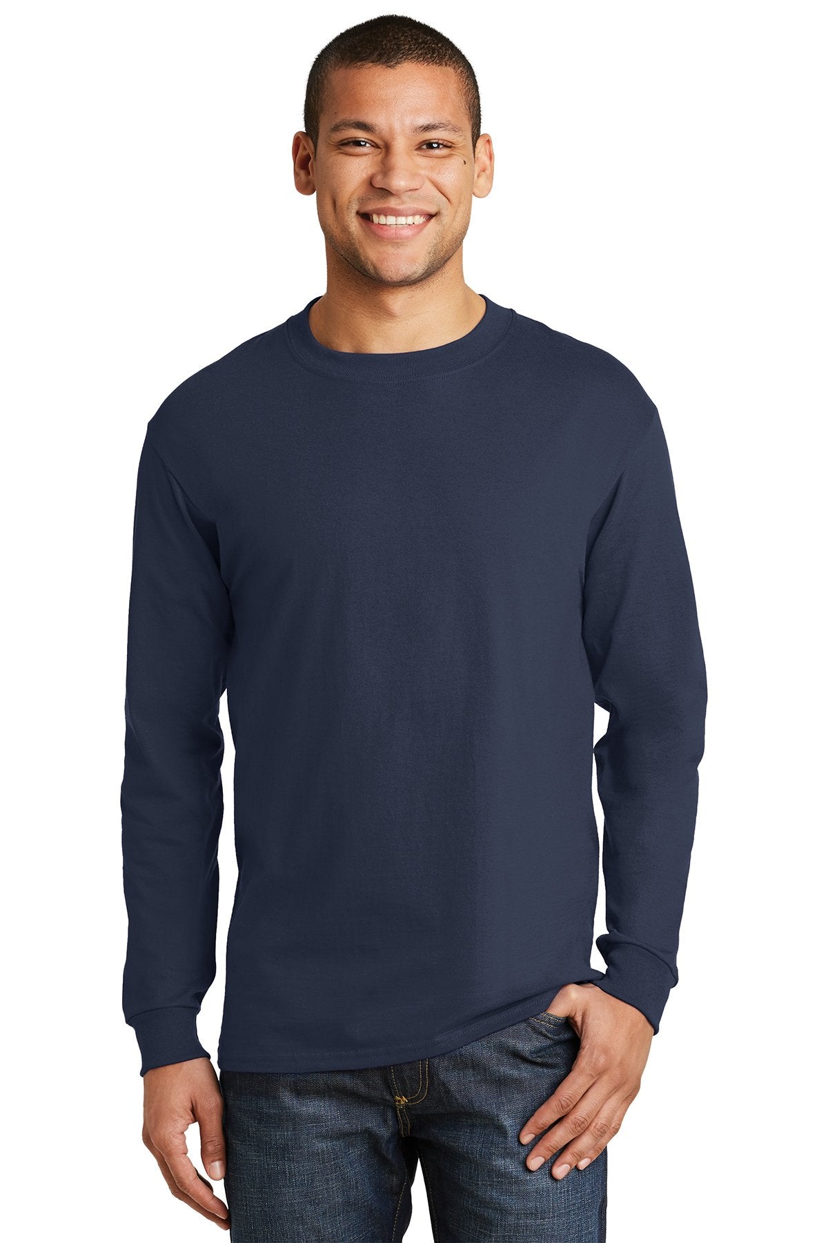 hanes beefy t cotton long sleeve t shirt 5186 navy