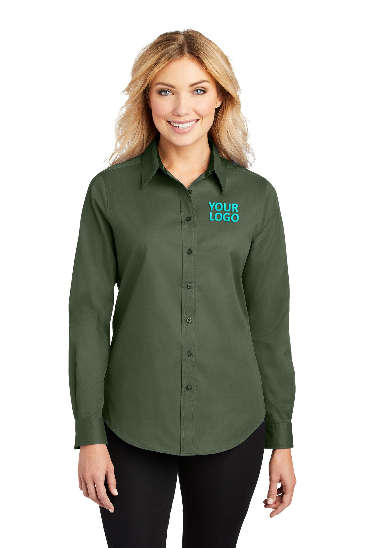 Custom Port Authority Ladies Long Sleeve Shirt Clover Green Custom Port Authority Ladies Long Sleeve Shirt Clover Green