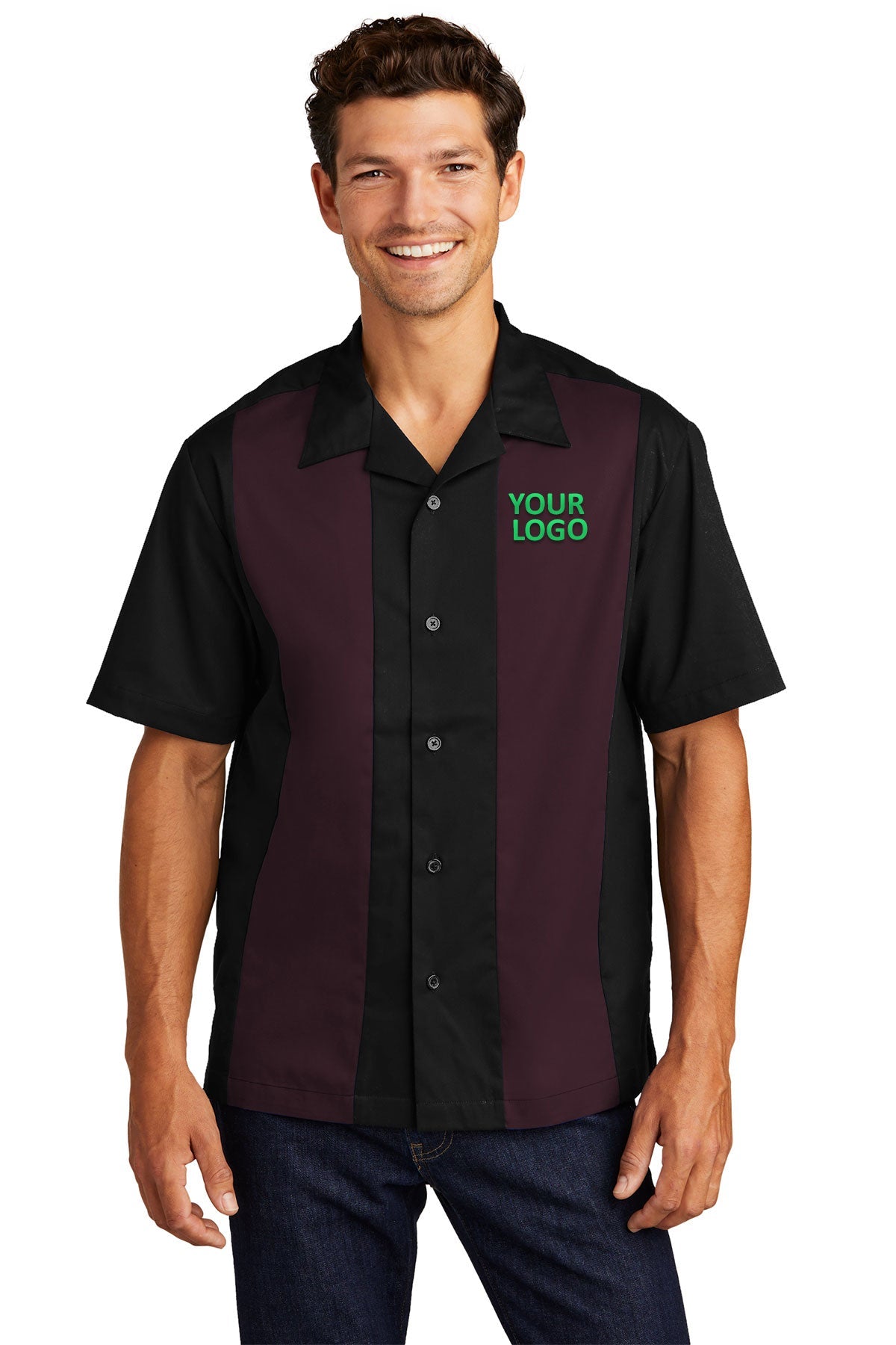 Port Authority Black/Burgundy S300 work shirts with logo