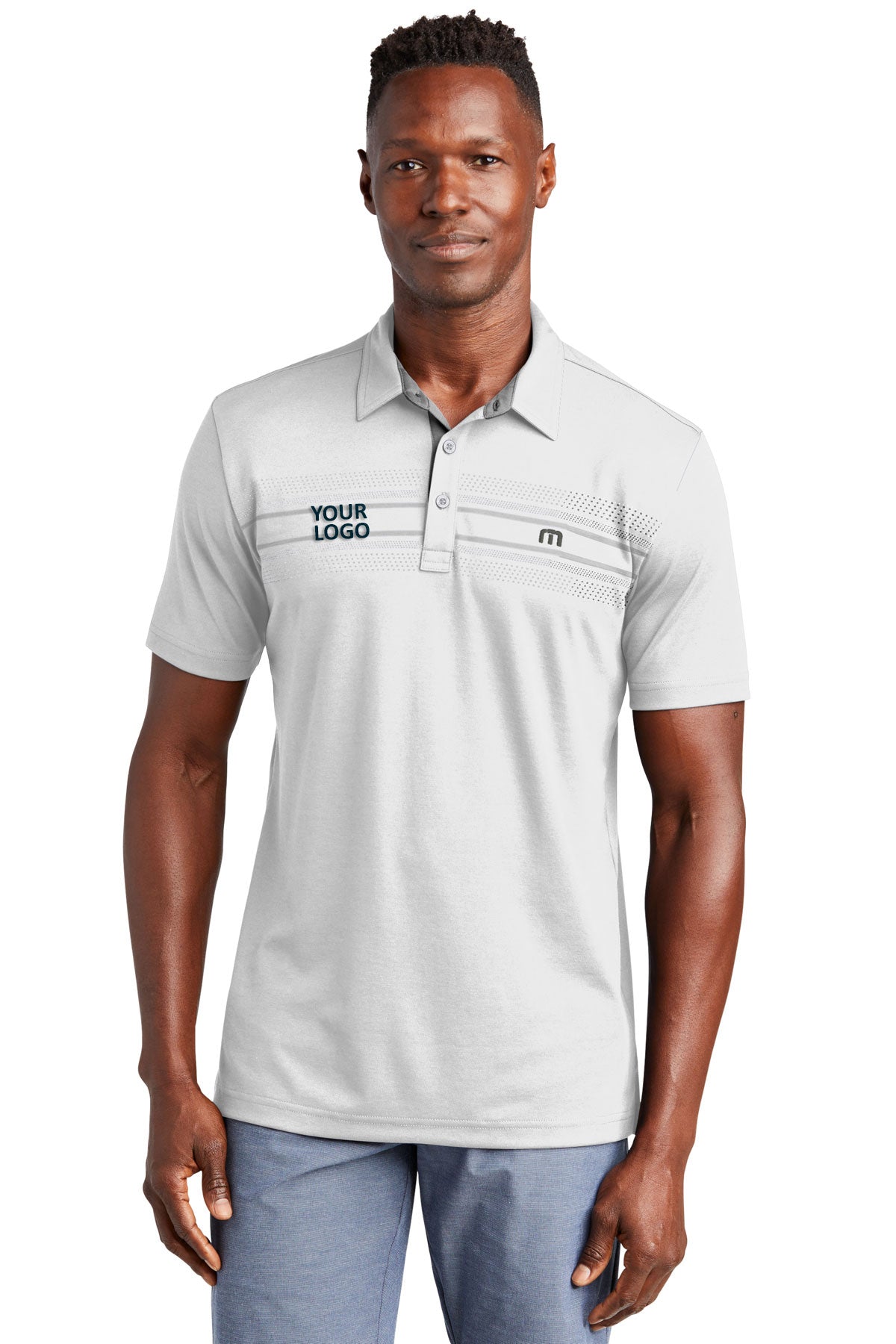 TravisMathew White Polos custom logo polo shirts embroidered