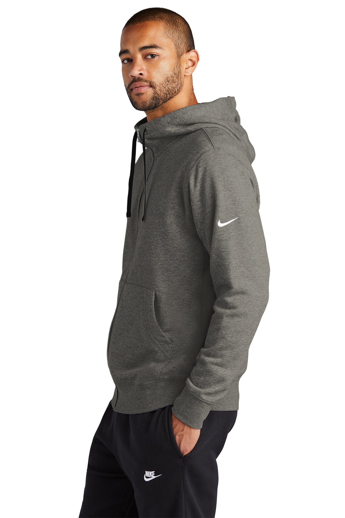 Branded Nike Club Sleeve Hoodie Swoosh Charcoal Fleece Full-Zip