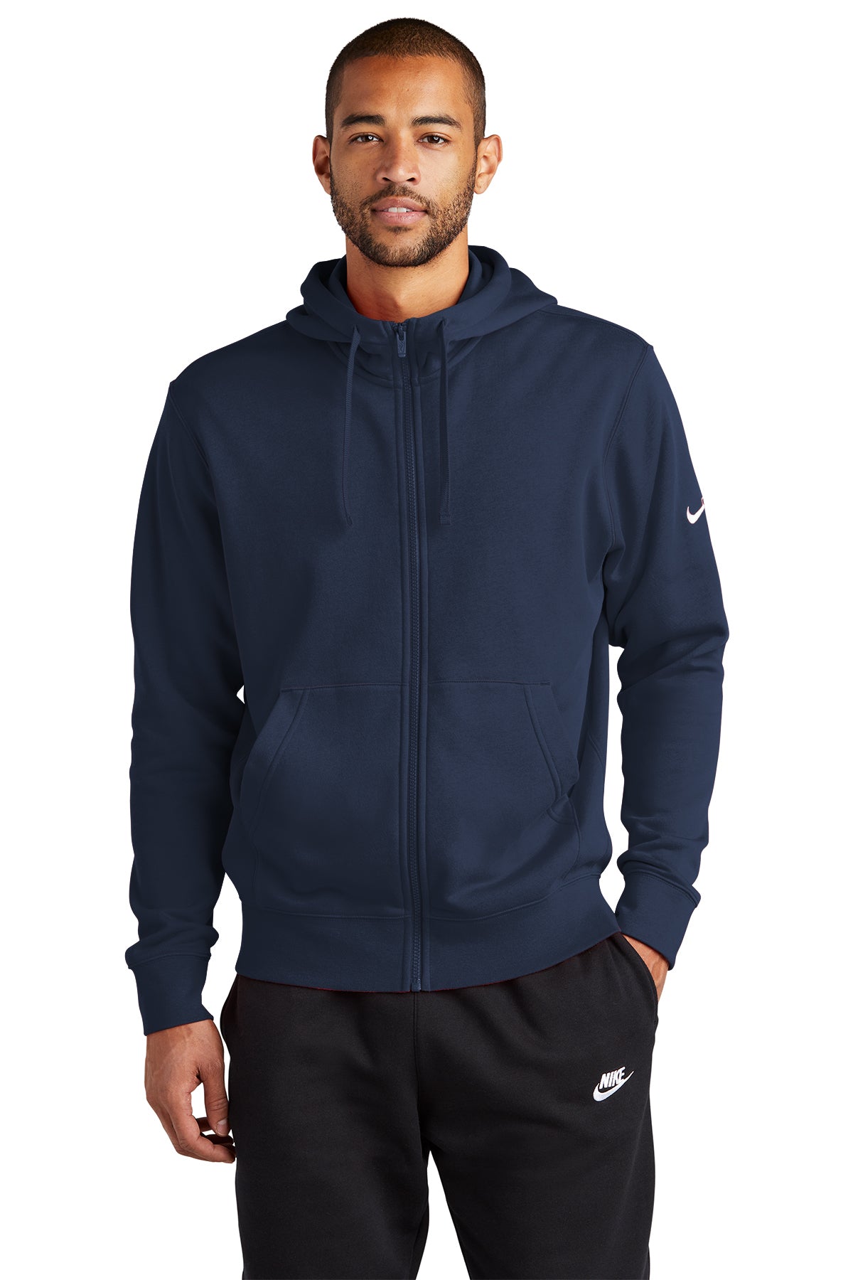 Branded Nike Club Fleece Sleeve Swoosh Full-Zip Hoodie Navy