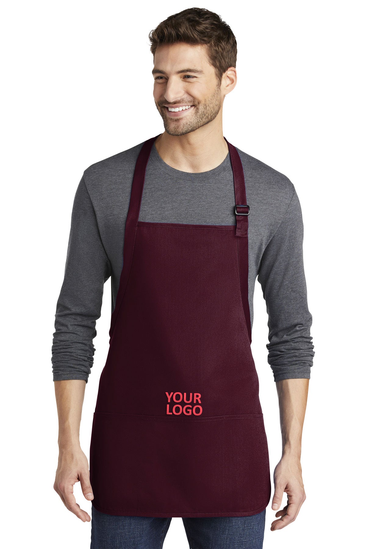 Port Authority Medium-Length Apron with Pouch Pockets A510 Maroon
