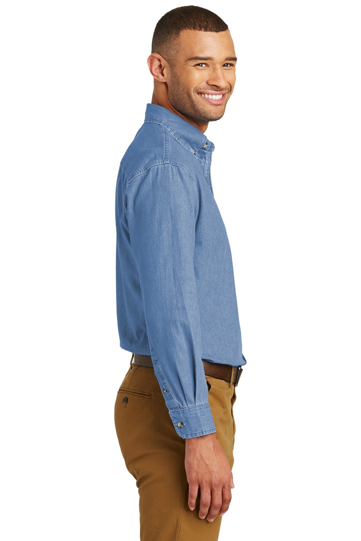 Port & Company Long Sleeve Custom Denim Shirts, Faded Blue