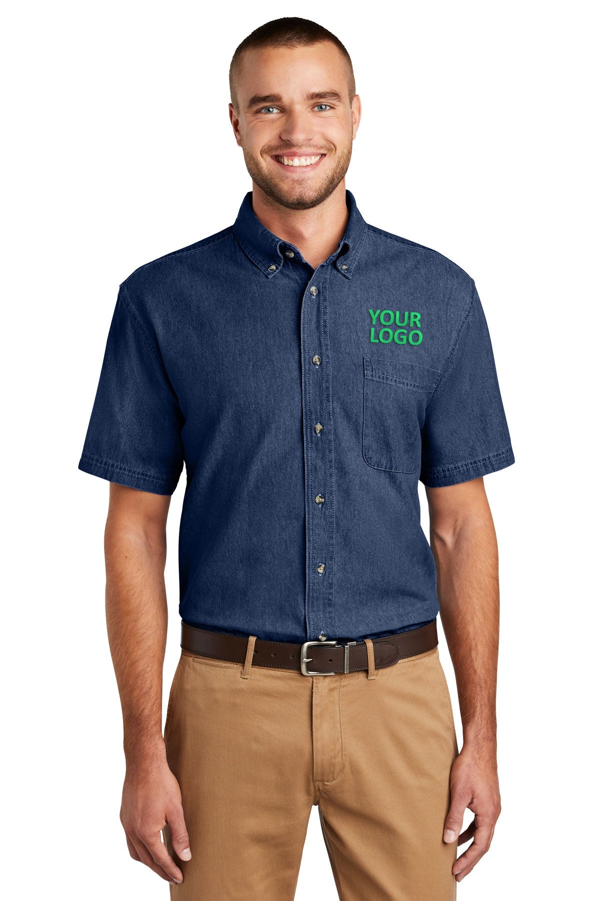 Port & Company Short Sleeve Custom Denim Shirts, Ink Blue