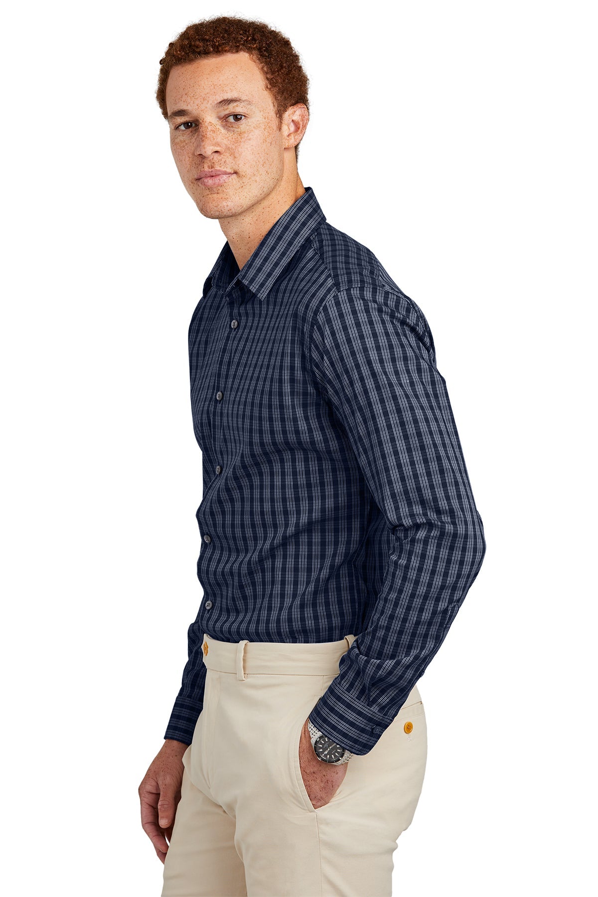 Brooks Brothers Tech Stretch Patterned Shirt, Navy Blazer/ White Grid Check