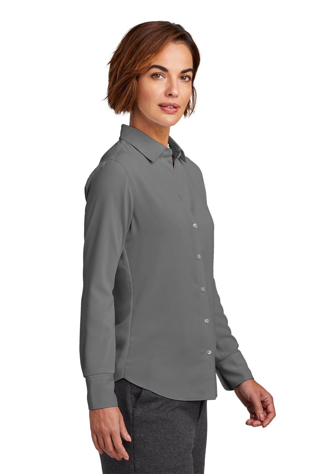 Brooks Brothers Womens Full-Button Satin Blouse, Shadow Grey