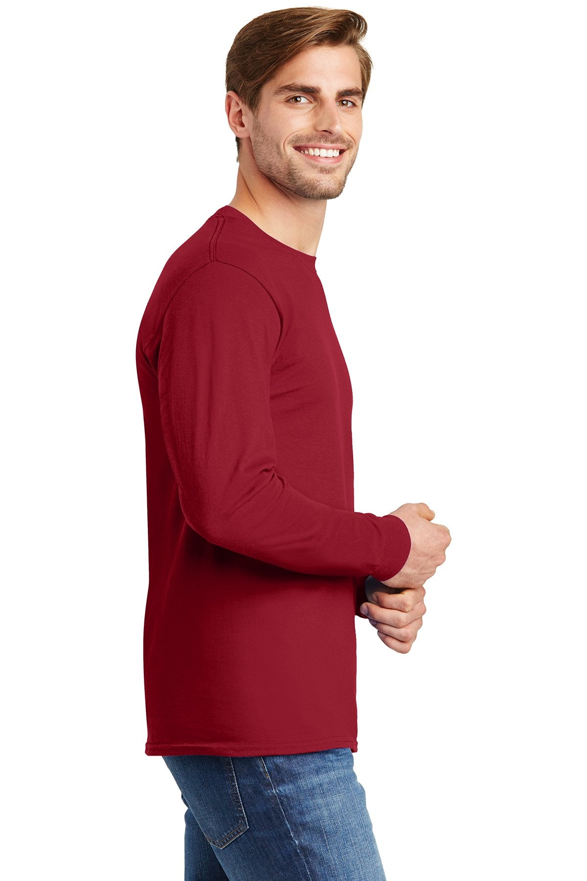 hanes tagless cotton long sleeve t shirt 5586 deep red