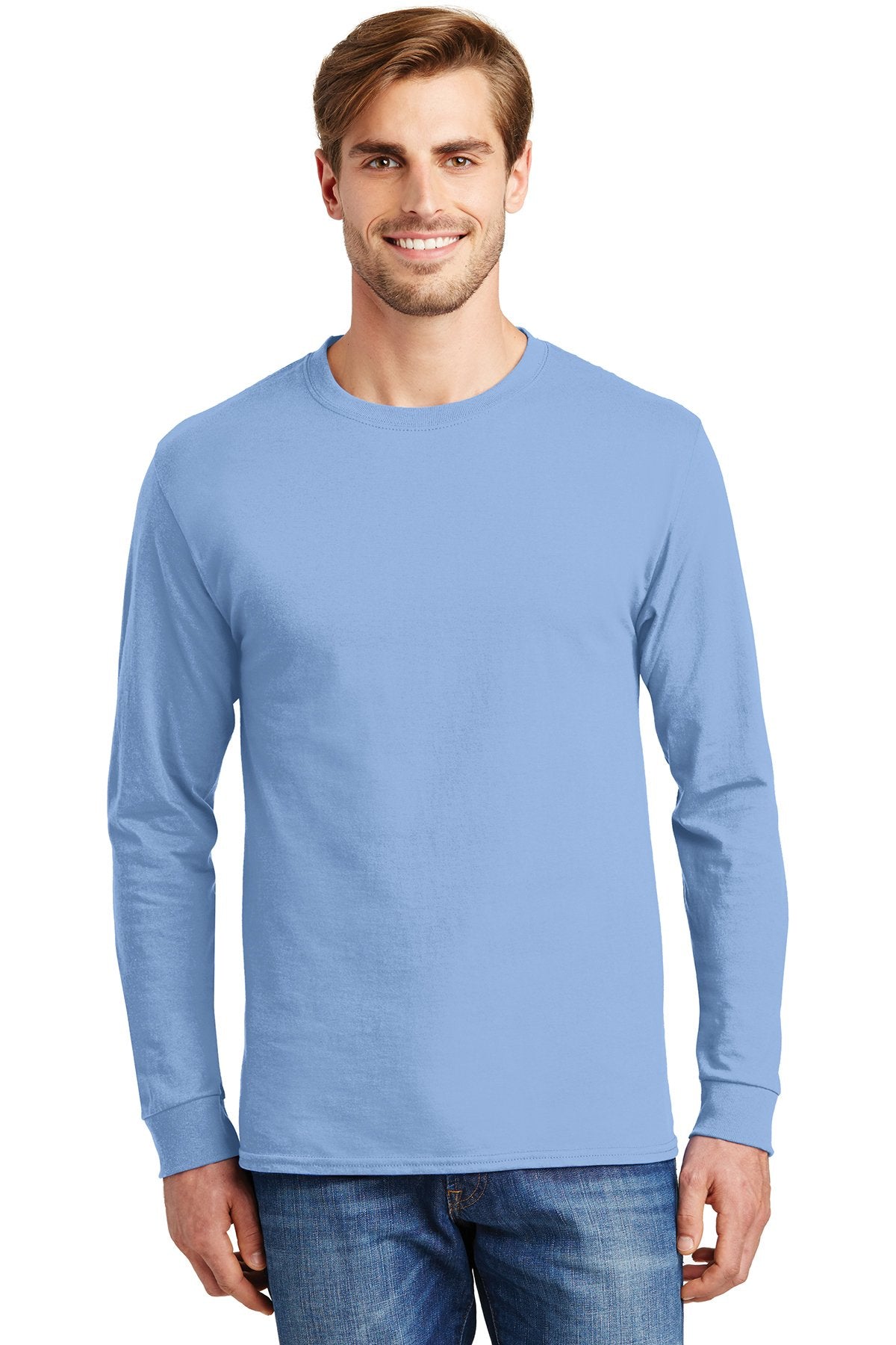 hanes tagless cotton long sleeve t shirt 5586 light blue