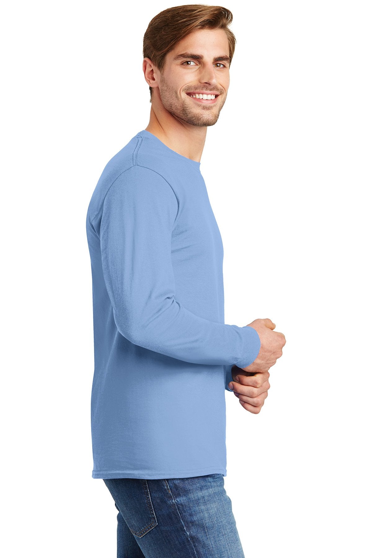 hanes tagless cotton long sleeve t shirt 5586 light blue