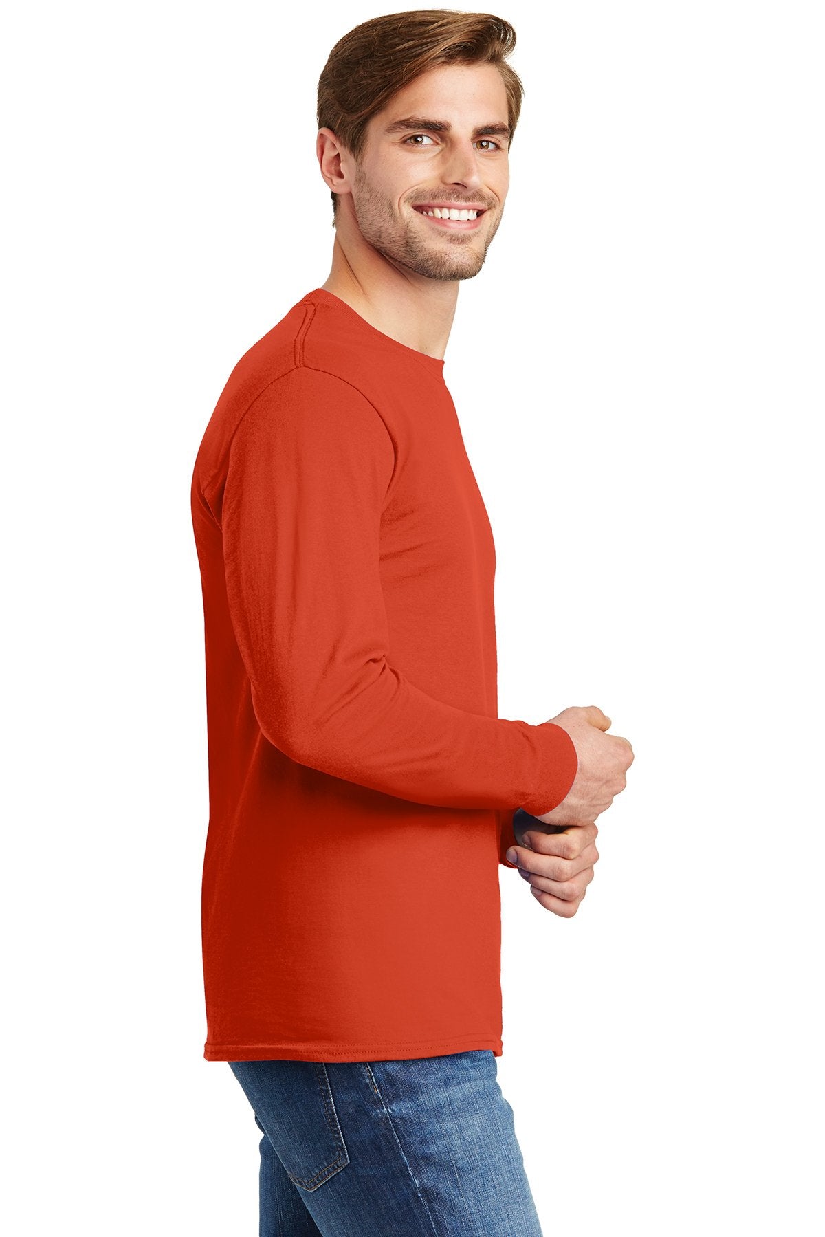 hanes tagless cotton long sleeve t shirt 5586 orange