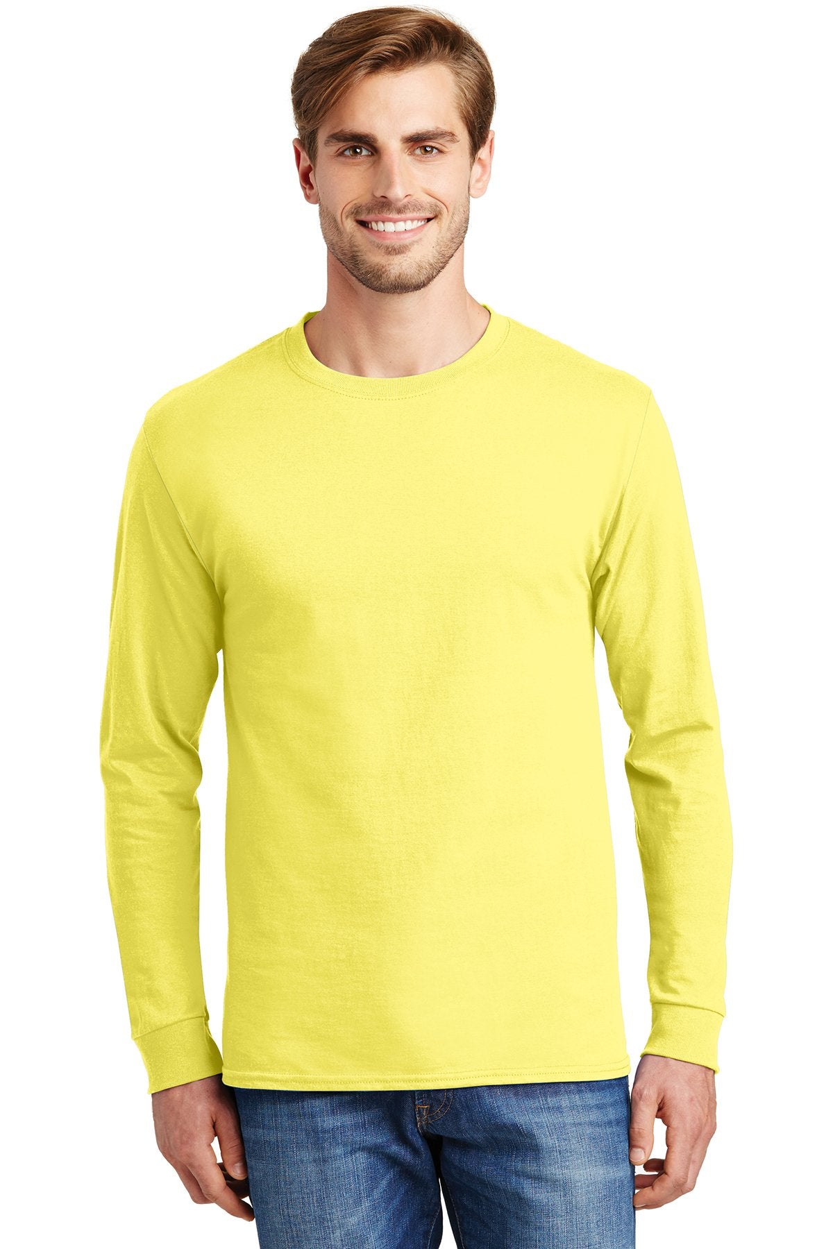 hanes tagless cotton long sleeve t shirt 5586 yellow