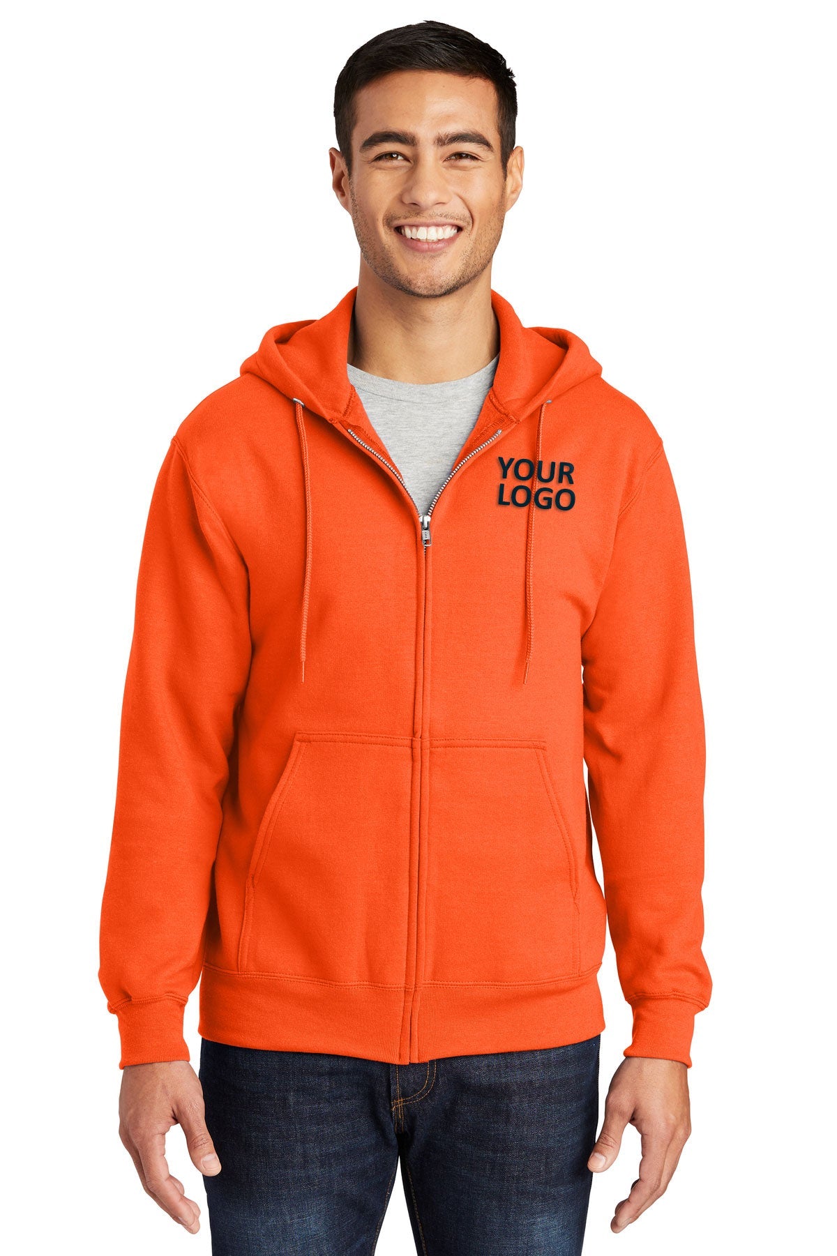 Port & Company Essential Fleece Branded Zip Hoodies, Safety Orange