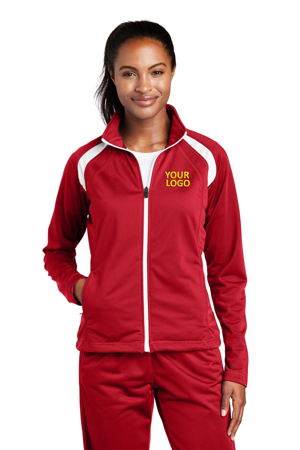 Sport-Tek Ladies Tricot Track Customized Jackets, True Red/White