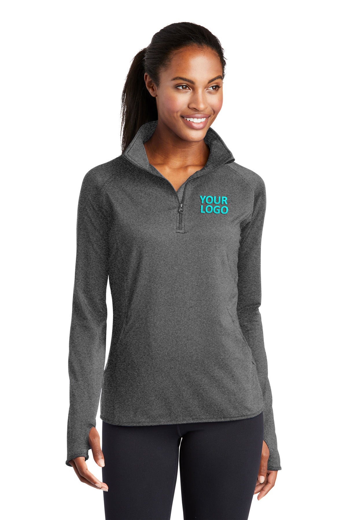 Sport-Tek Ladies Sport-Wick Stretch Branded 1/2-Zip Pullovers, Charcoal Grey Heather