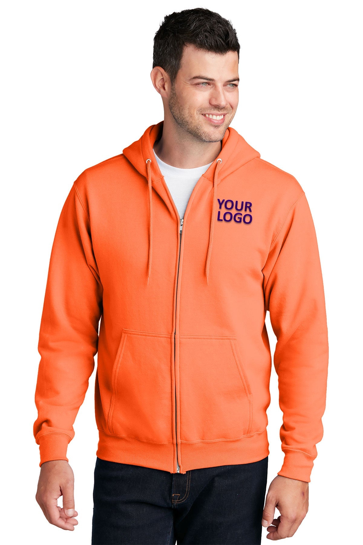 Port & Company Core Fleece Branded Zip Hoodies, Neon Orange