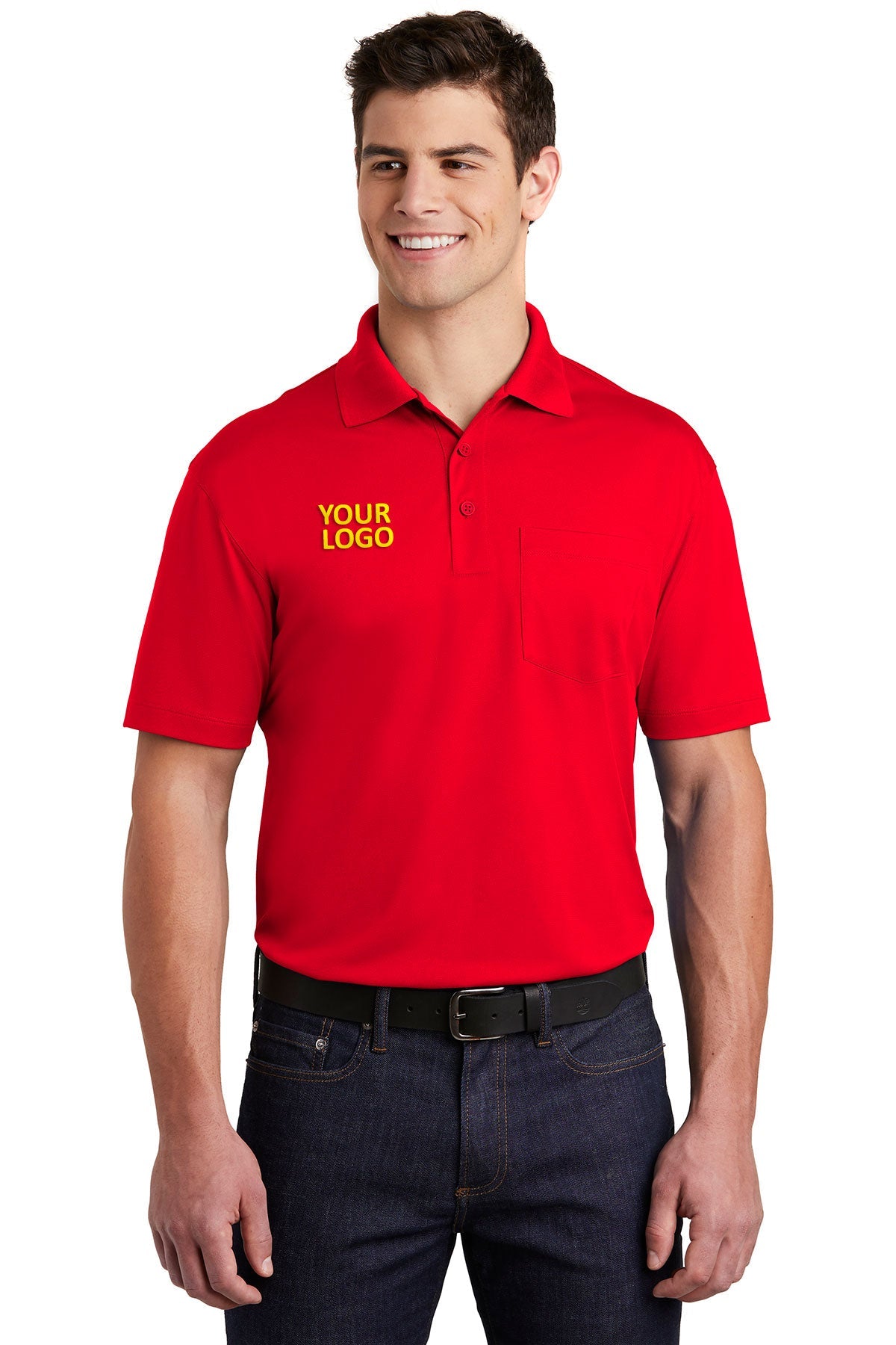 Sport-Tek True Red ST651 polo shirts with logos