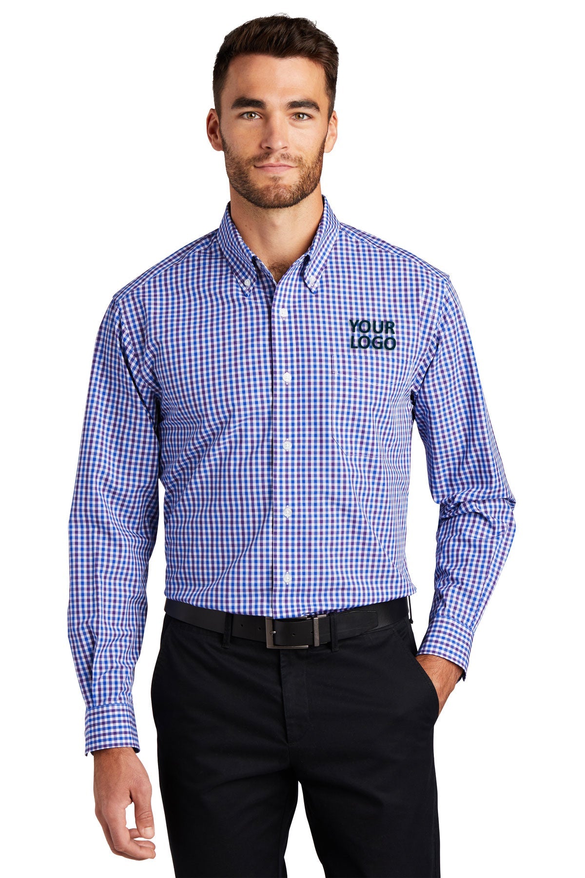 Port Authority Long Sleeve Gingham Easy Care Shirt S654 Blue/ Purple