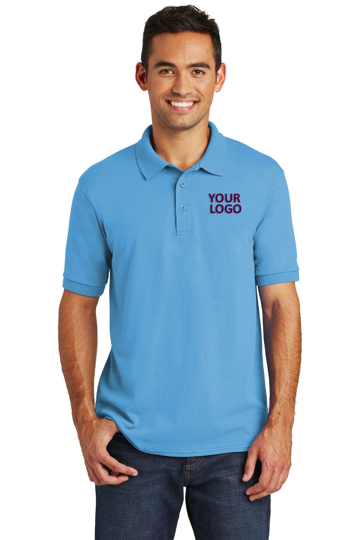 port & company aquatic blue kp55 polo shirts with logos
