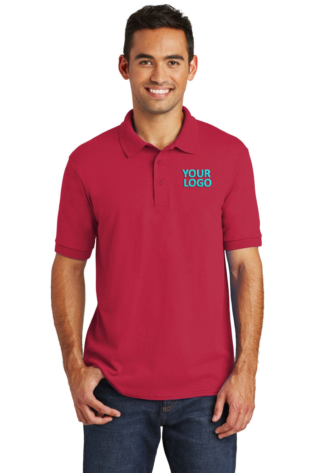 port & company red kp55 custom logo polo shirts embroidered