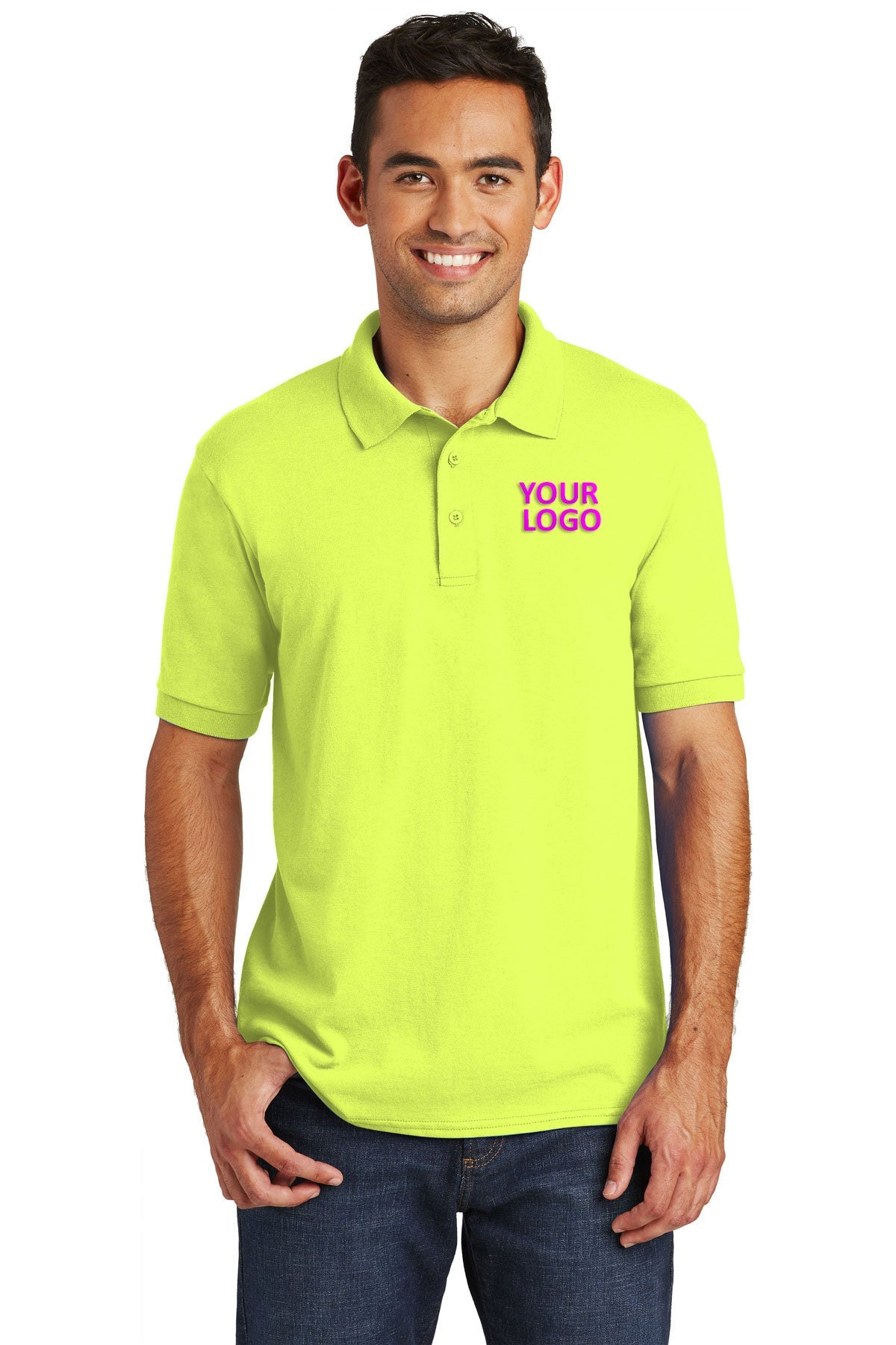 port & company safety green kp55 custom logo polo shirts embroidered