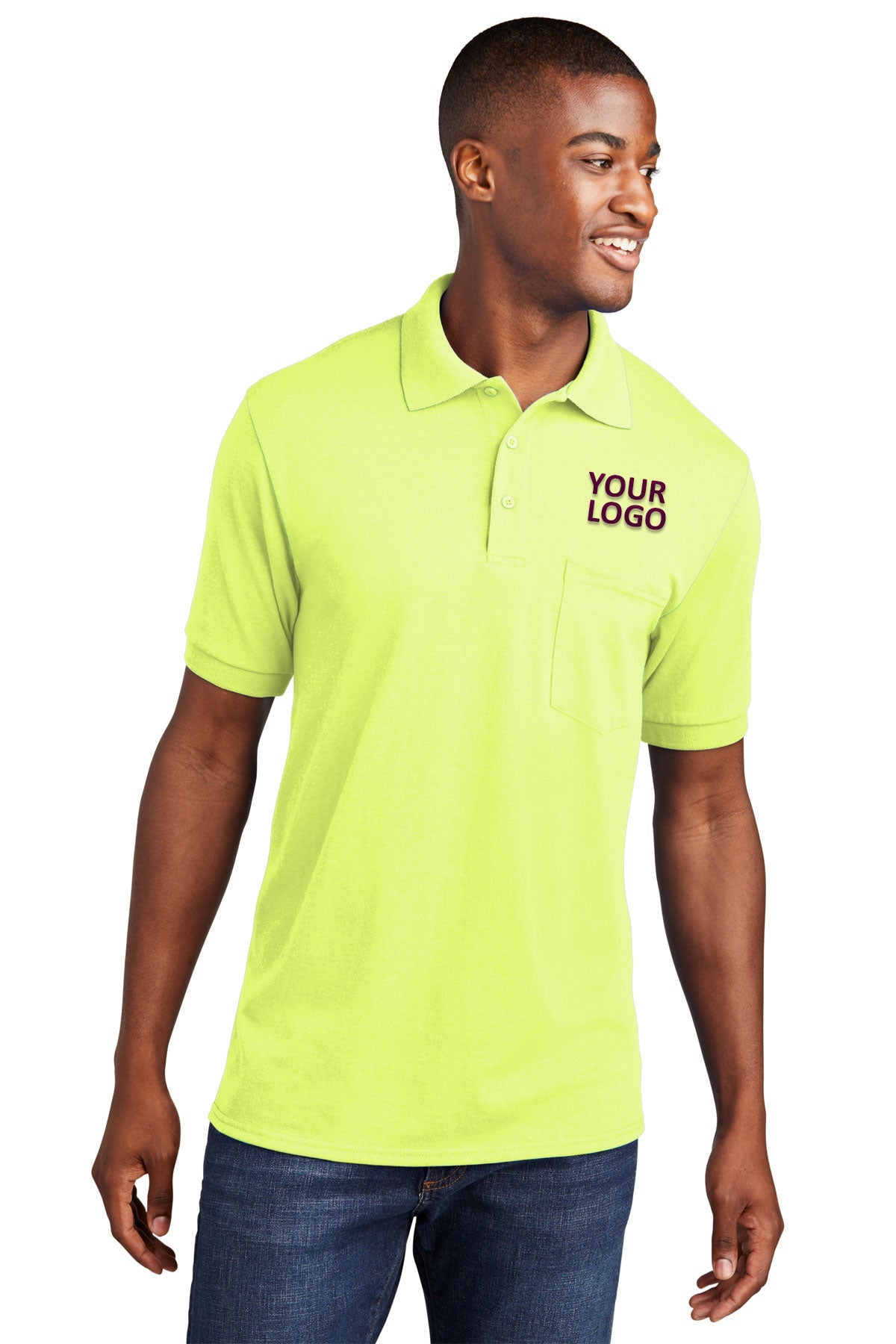 port & company safety green kp55p polo shirts with logos