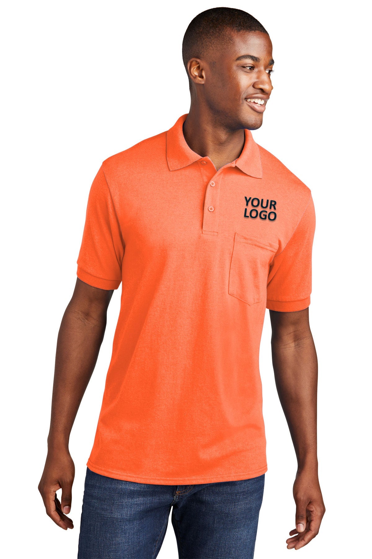 port & company safety orange kp55p polo shirts with logos