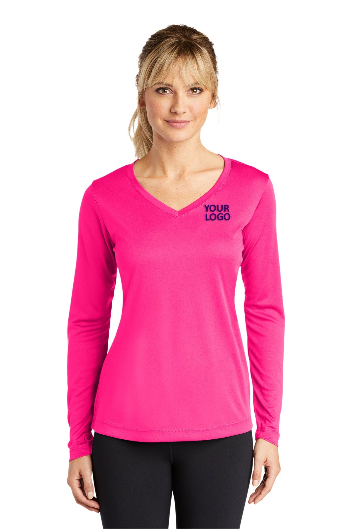 Sport-Tek Ladies Long Sleeve PosiCharge Competitor Customized V-Neck Tee's, Neon Pink