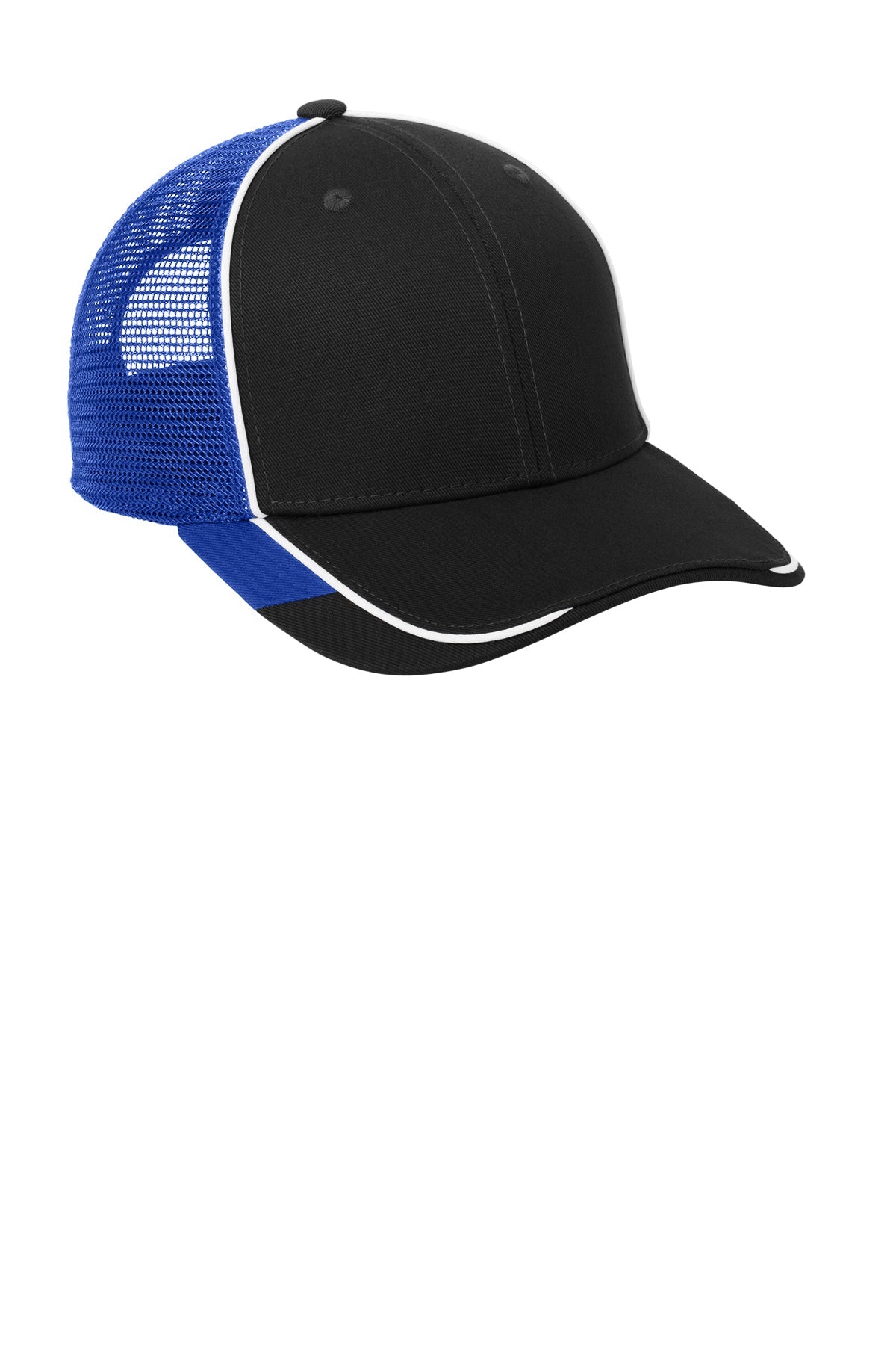 Port Authority Colorblock Mesh Back Branded Caps, Black/ White/ True Royal