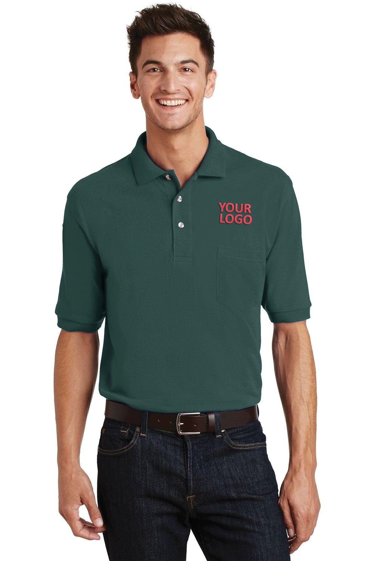 port authority dark green k420p polo shirts with logo embroidery