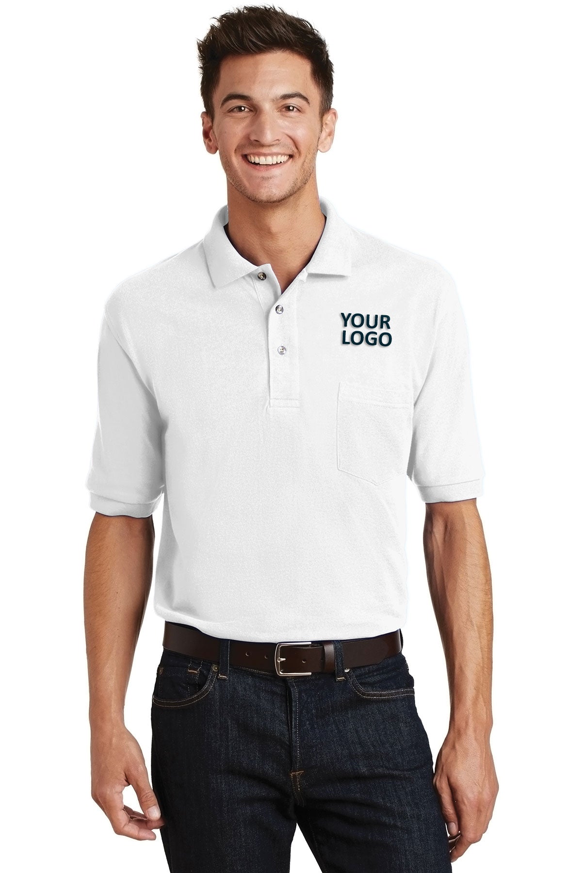 port authority white k420p polo shirts with logo embroidery