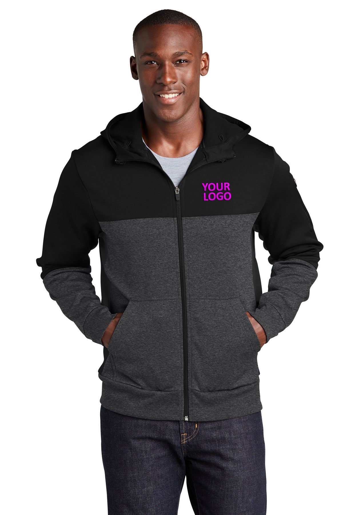 Sport-Tek Tech Fleece Colorblock Custom Full-Zip Hooded Jackets, Black/ Graphite Heather/ Black