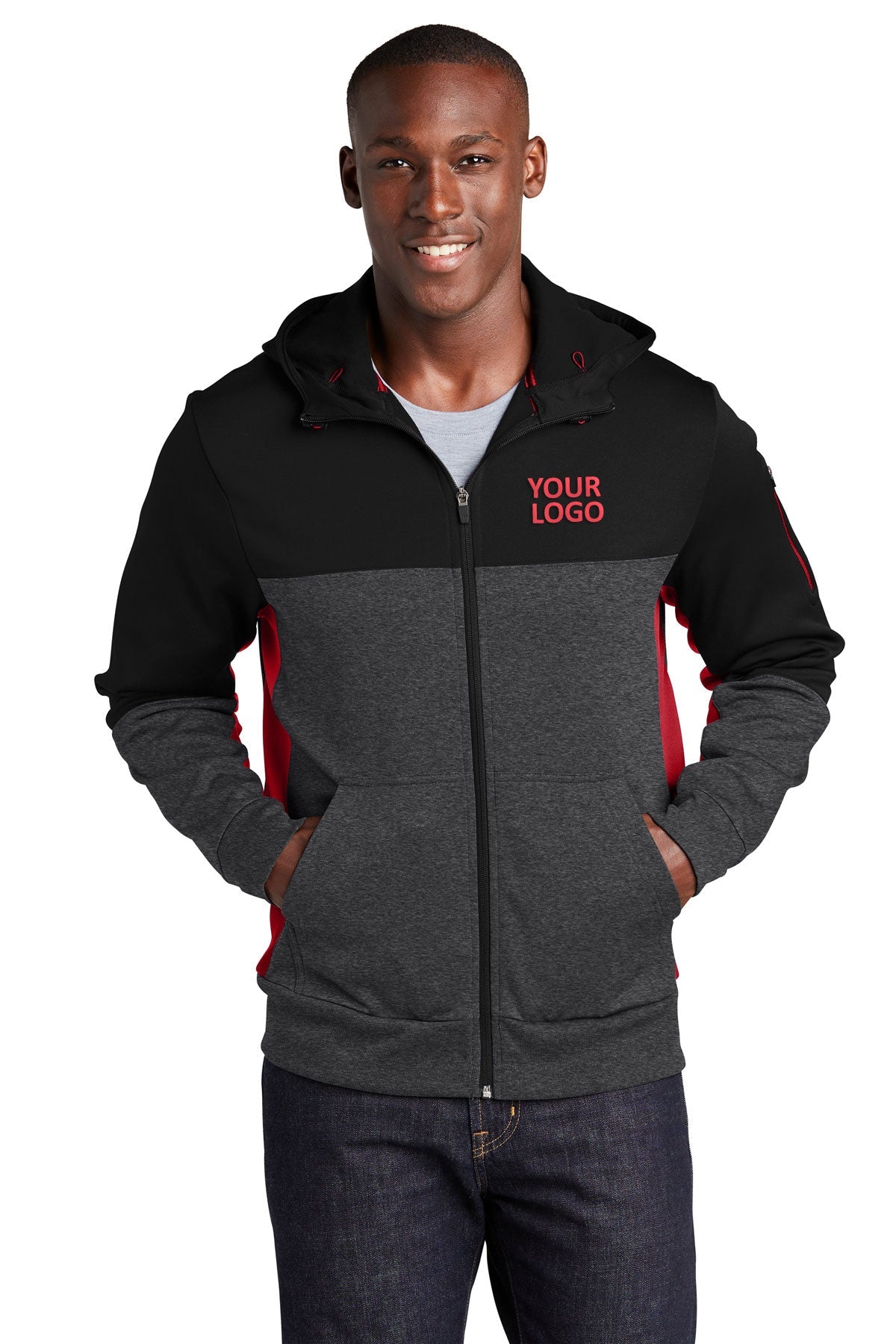 Sport-Tek Tech Fleece Colorblock Branded Full-Zip Hooded Jackets, Black/ Graphite Heather/ True Red