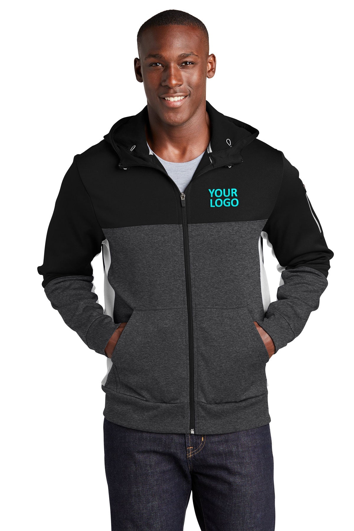 Sport-Tek Tech Fleece Colorblock Branded Full-Zip Hooded Jackets, Black/ Graphite Heather/ White