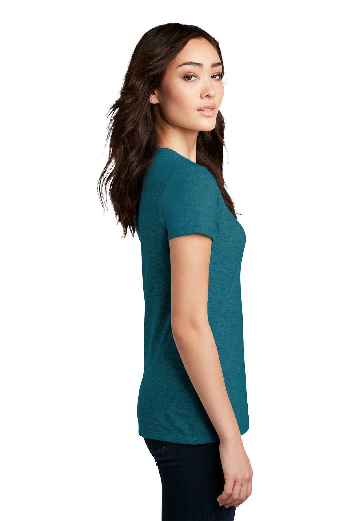 District Made Ladies Perfect Blend Crew Tee's, Heathered Teal