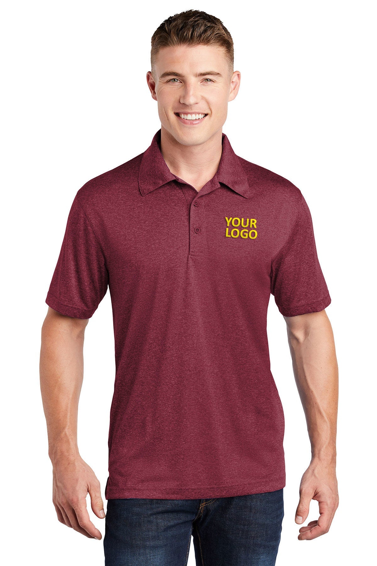 Sport-Tek Cardinal Heather ST660 polo work shirts with company logo