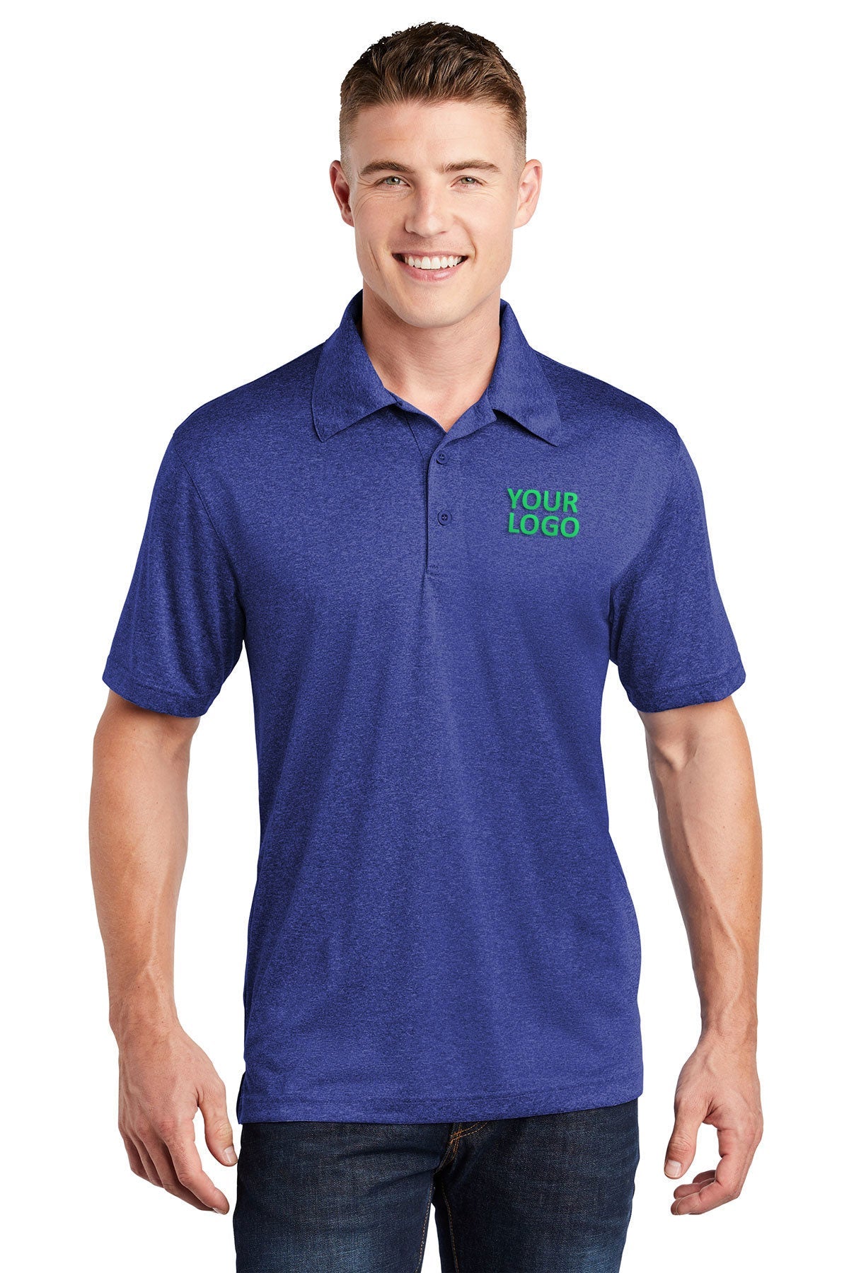 Sport-Tek Cobalt Heather ST660 polo work shirts with company logo
