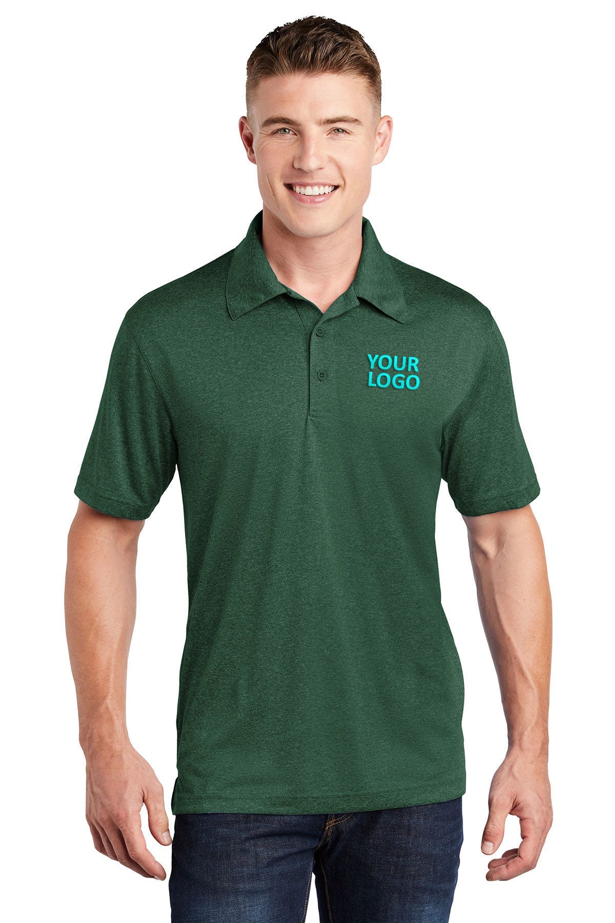 Sport-Tek Forest Green Heather ST660 polo work shirts with company logo