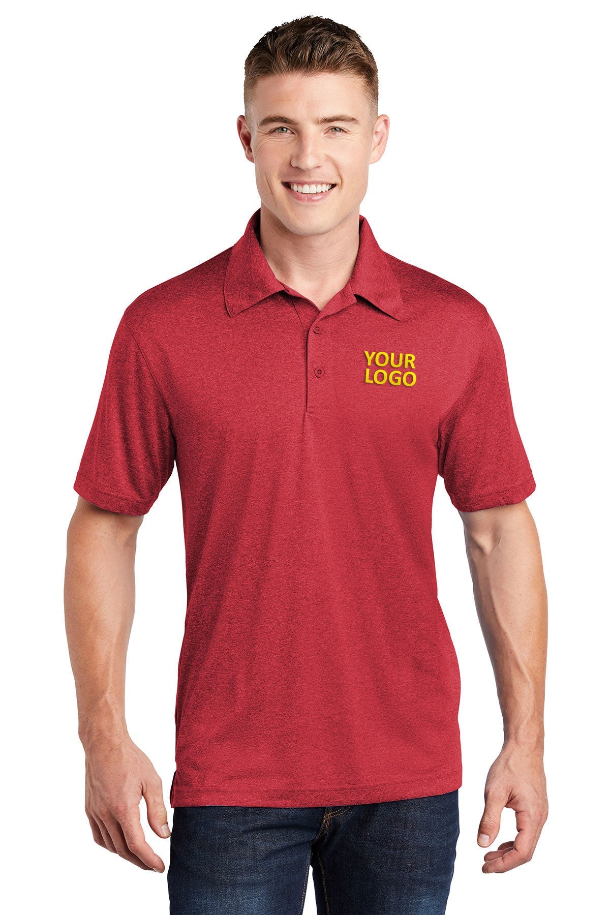 Sport-Tek Scarlet Heather ST660 polo work shirts with company logo