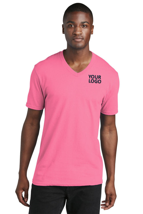 Port & Company Ladies Core Cotton Customized V-Neck Tee's, Neon Pink